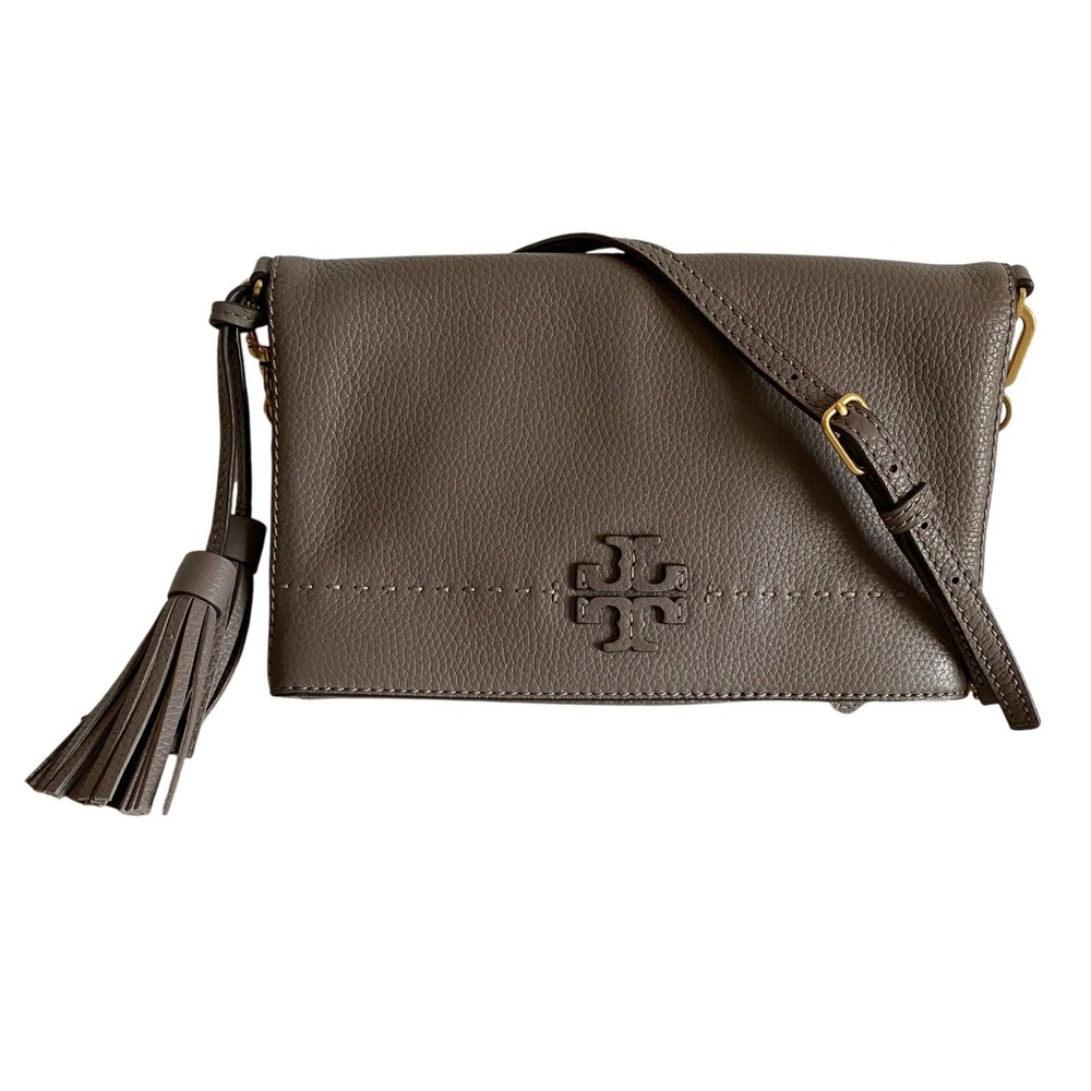 Tory Burch McGraw Foldover Leather Crossbody Bag Gray Taupe